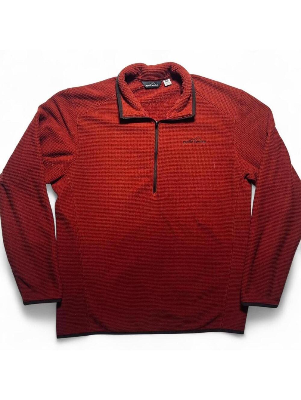 Eddie Bauer Mens Red Waffle Knit Fleece Quarter-Zip Pullover Sweater Medium